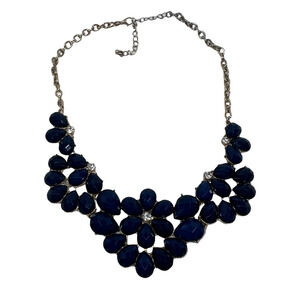 Vintage Costume Jewelry Statement Necklace Gold Tone Navy Blue Faceted Stones
